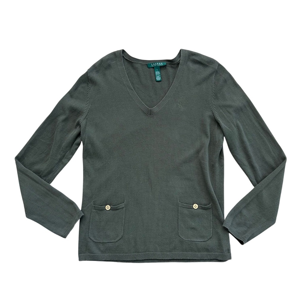 Lauren Ralph Lauren Olive Green V-Neck Cotton Sweater Gold Anchor Buttons L